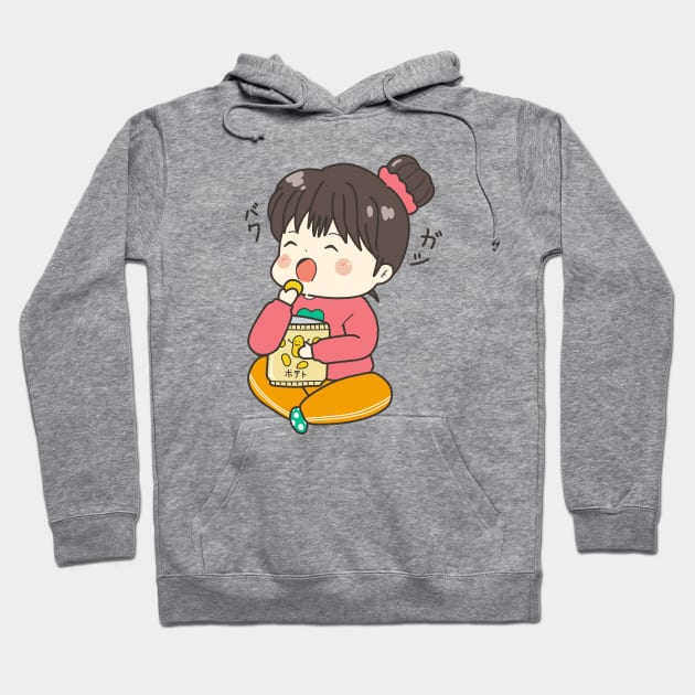 Kawaii Drawing of an Anime Chibi Girl Relaxing Eating Chips Hoodie by MariOyama